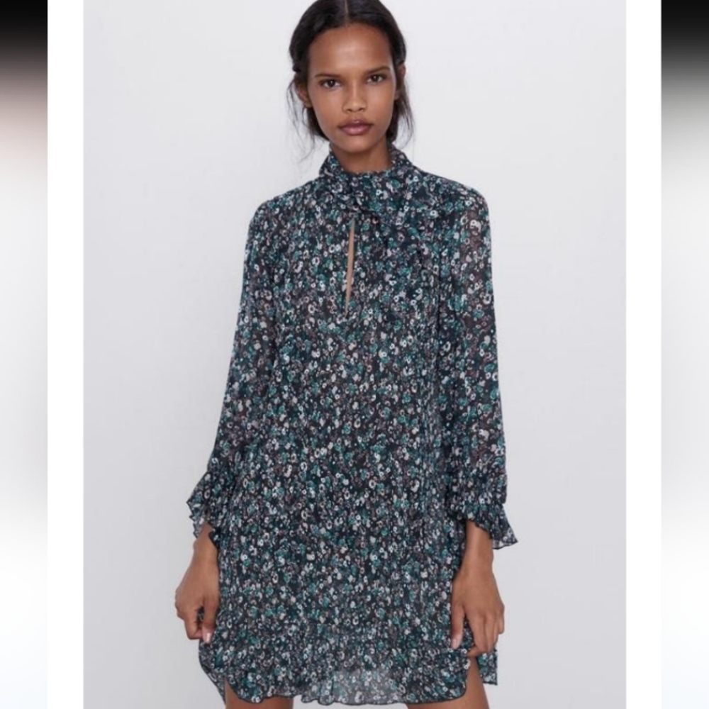 Zara Floral Neck Tie Baloon Sleeves Mini Dress
